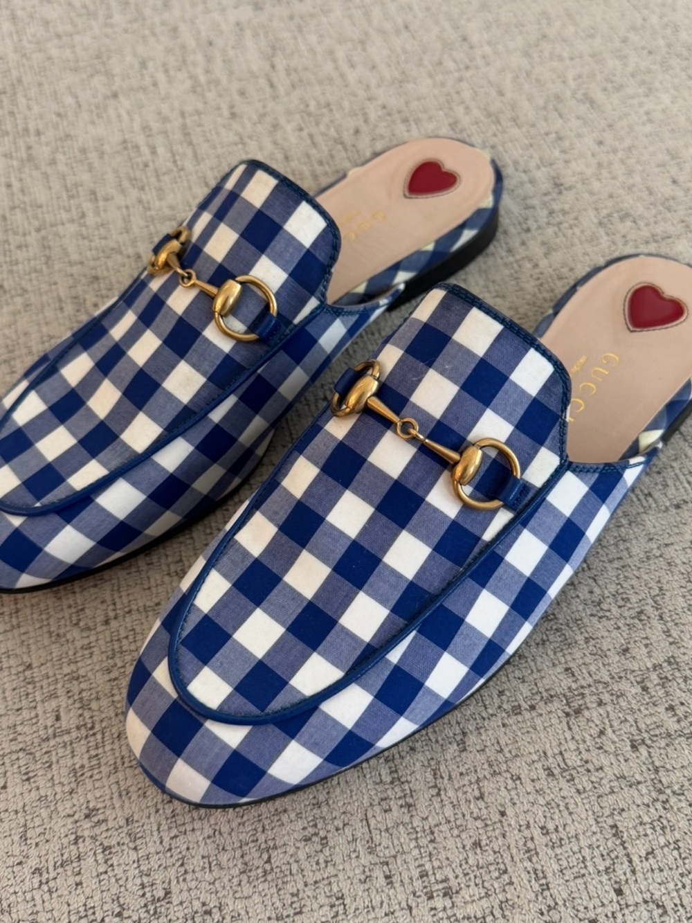 Gucci Blue and White Gingham Horsebit Mules